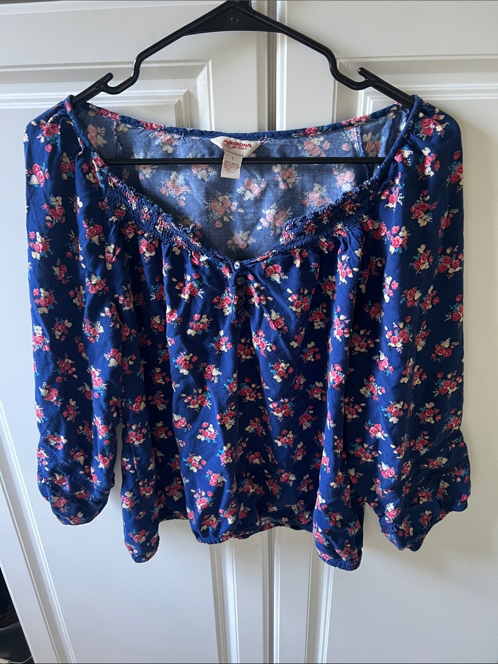Arizona Jean Company Navy Floral Peasant Blouse with Pink Flowers